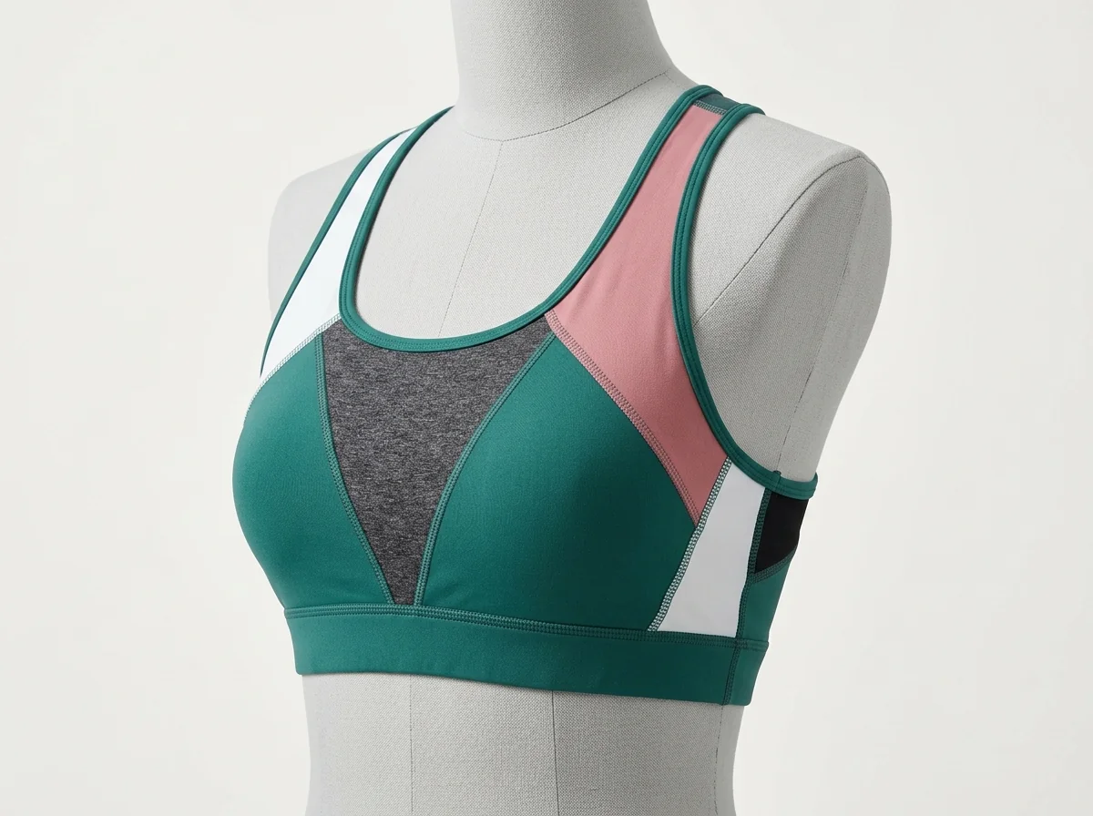 Color-block panel yoga sports bra with contrasting fabric pieces