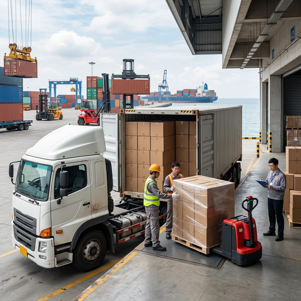 EU/AU distributor logistics &mdash; container truck at port loading dock for DDP shipment