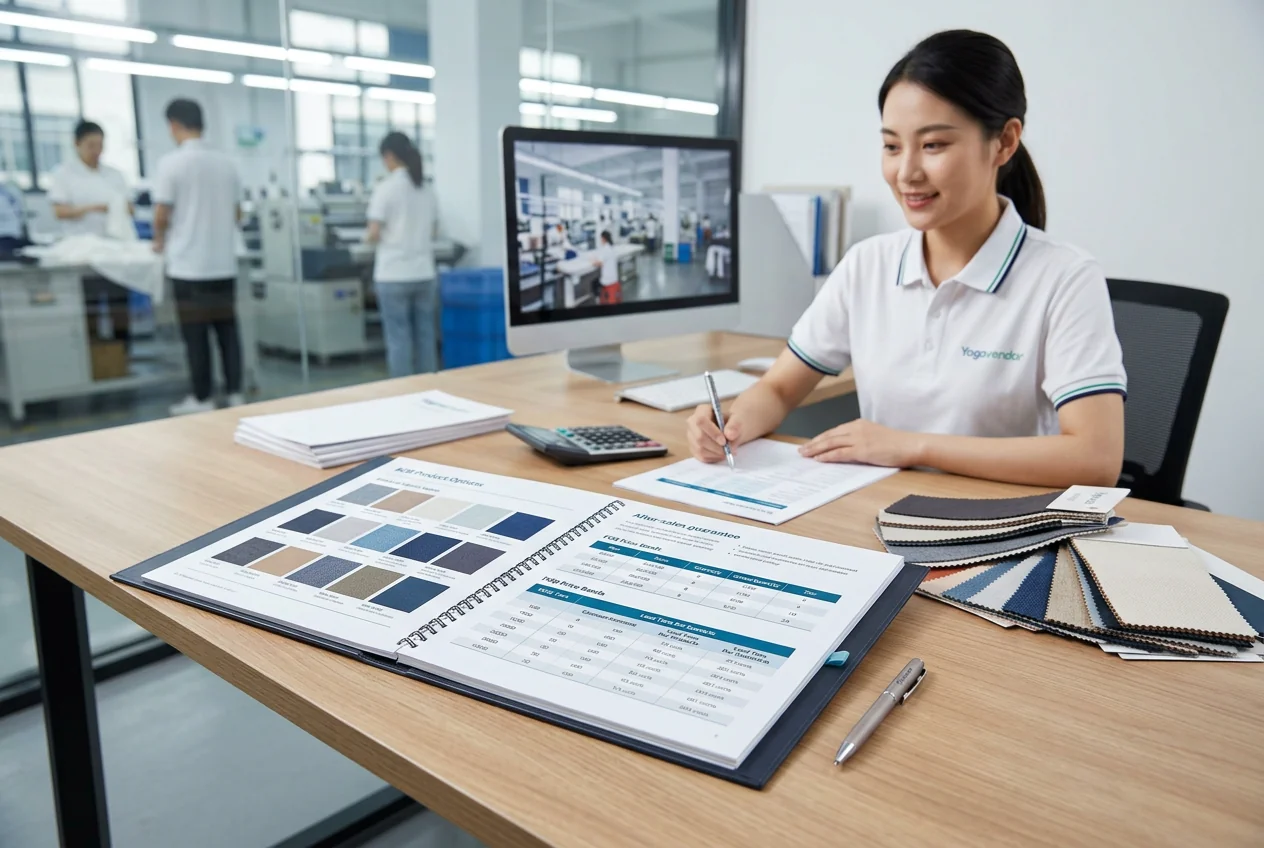 Tailored quote package on a desk &mdash; FOB price bands, MOQ tiers, fabric options and lead time per scenario