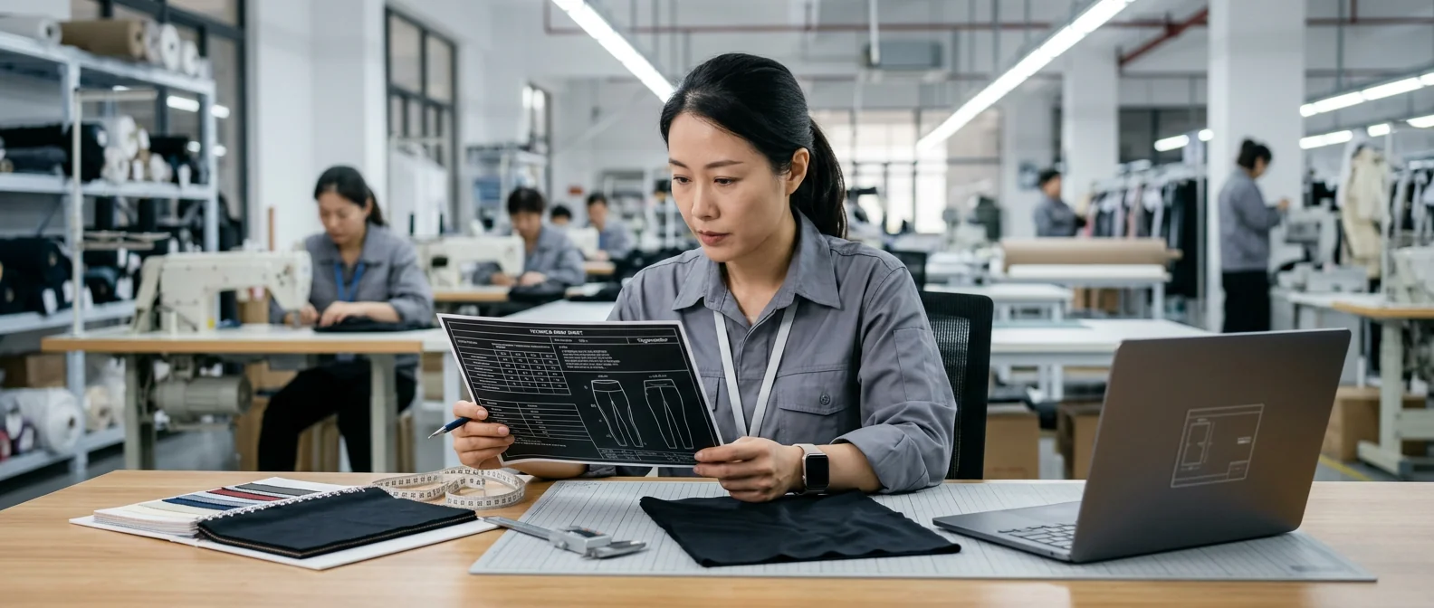 Fabric engineer reviewing leggings spec sheet at factory desk