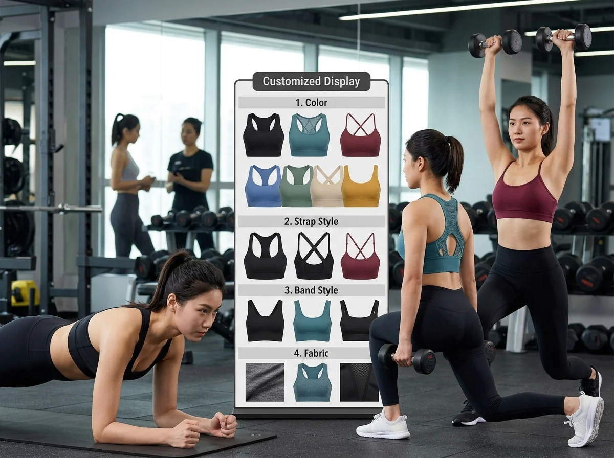 Fitness gym training activewear scene with custom sports bras