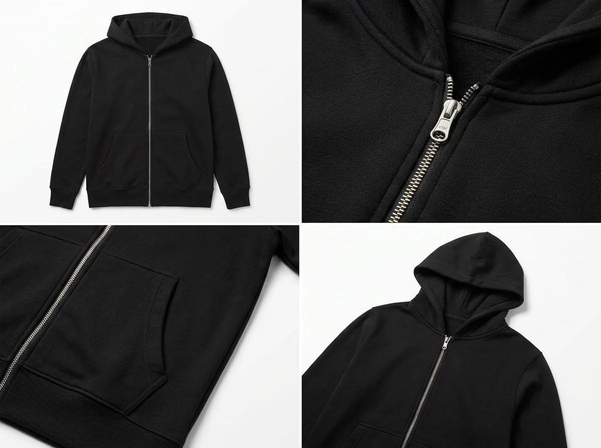 Full-zip hoodie — YKK coil or metal teeth, side hand pockets