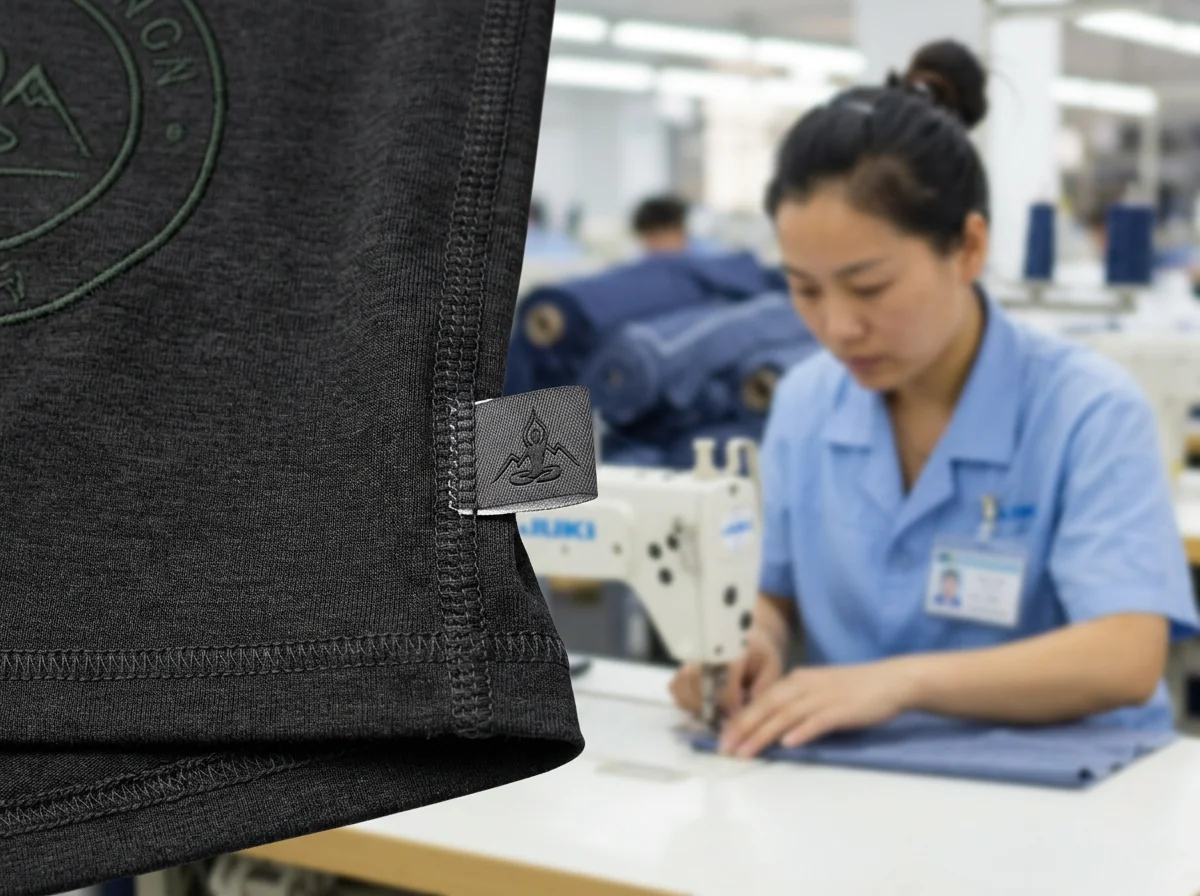 Hem side brand label and seam tag detail