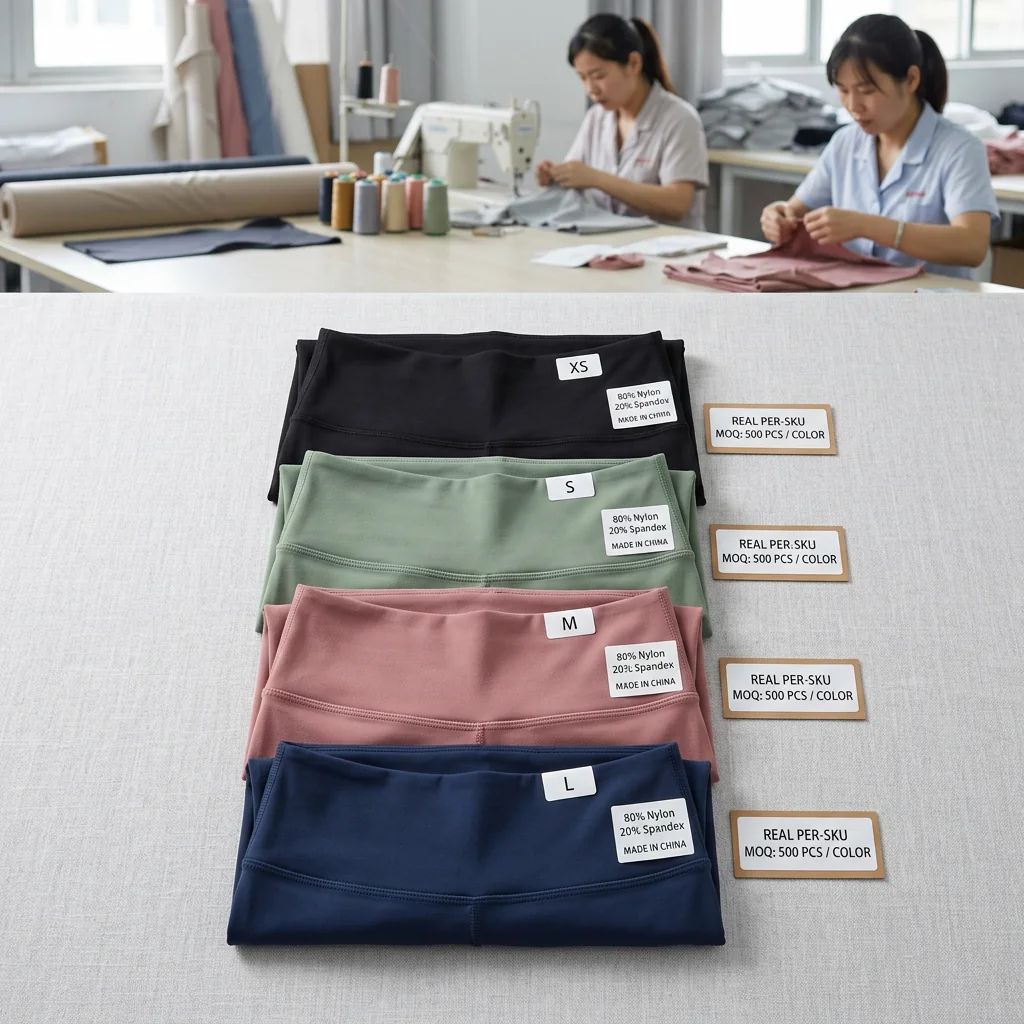 High-rise yoga leggings flat-lay — every product page lists the actual minimum, no hidden number