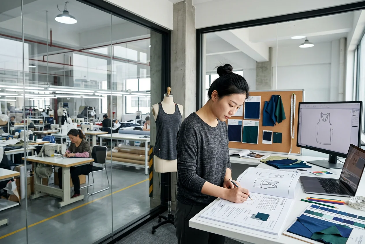 In-house designer drafting a yoga top tech-pack at a corner studio in the factory