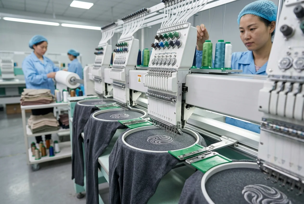 Multi-head embroidery machine stitching a logo onto yoga apparel