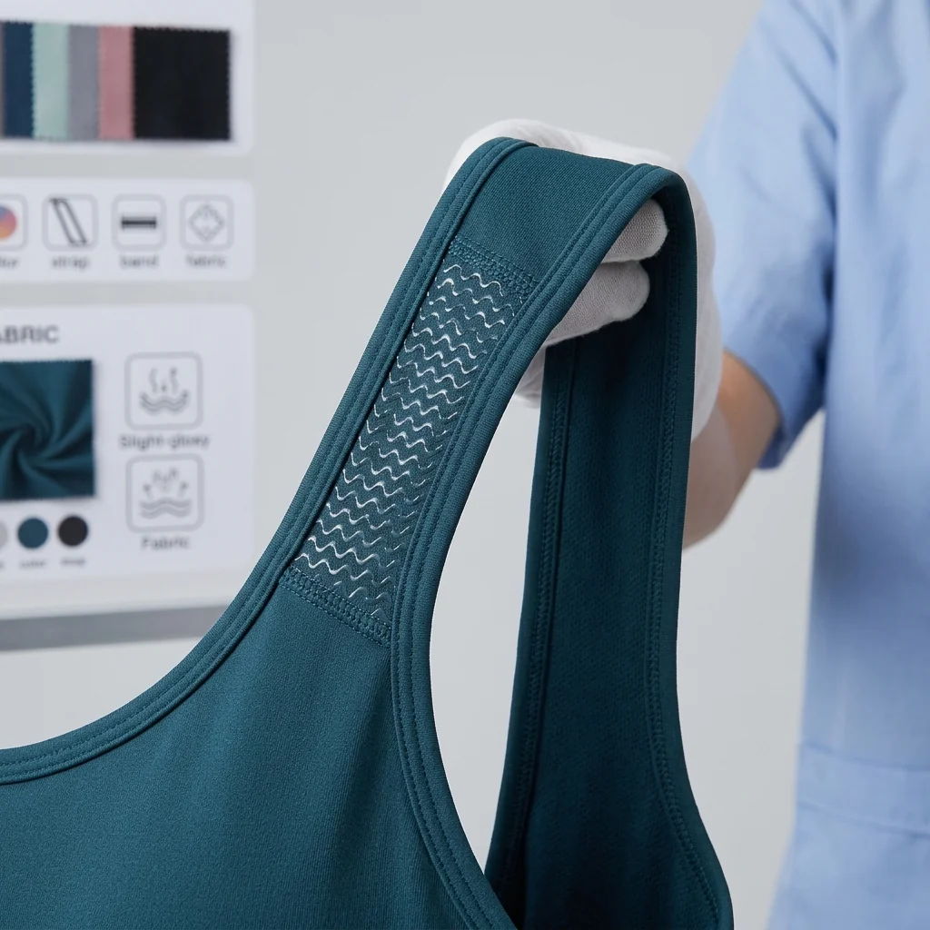 Non-slip silicone backed strap detail on sports bra shoulder