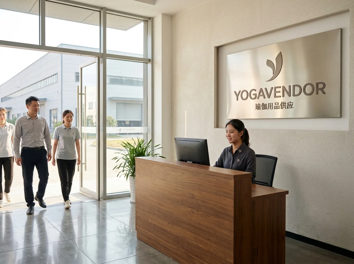 Factory front desk signage with company logo at building entrance, warm daylight