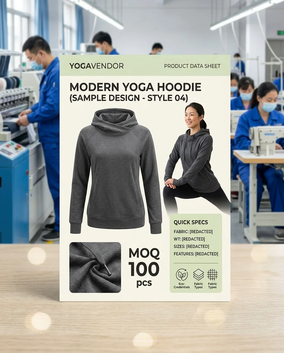 Product card mock showing yoga hoodie MOQ 100 pcs
