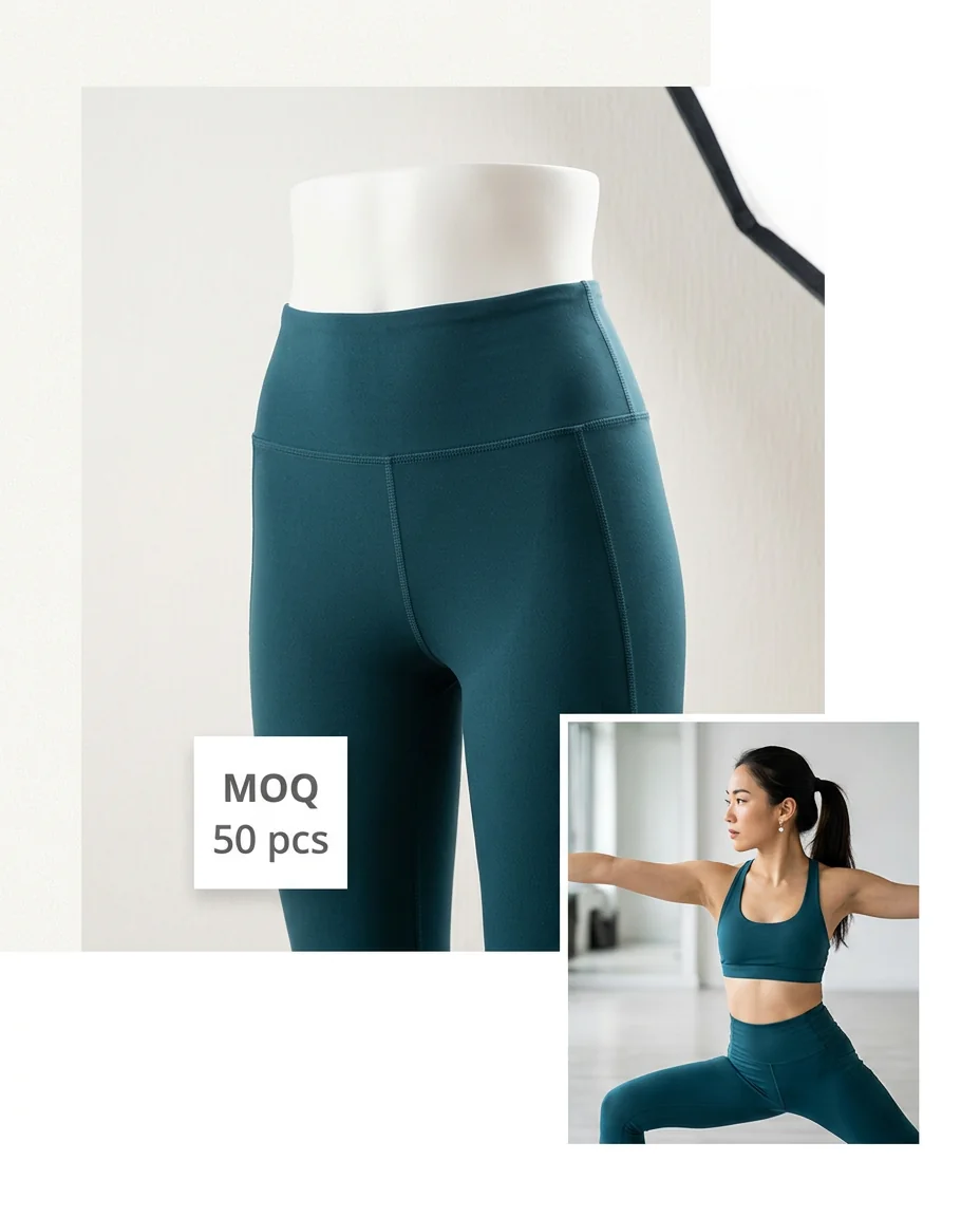 Product card mock showing yoga leggings MOQ 50 pcs