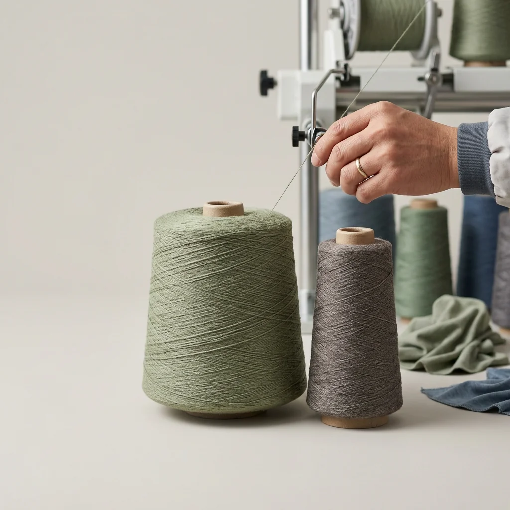 Recycled polyester yarn spool — every recycled-poly piece ships with the supplier cert and the recycled-content number