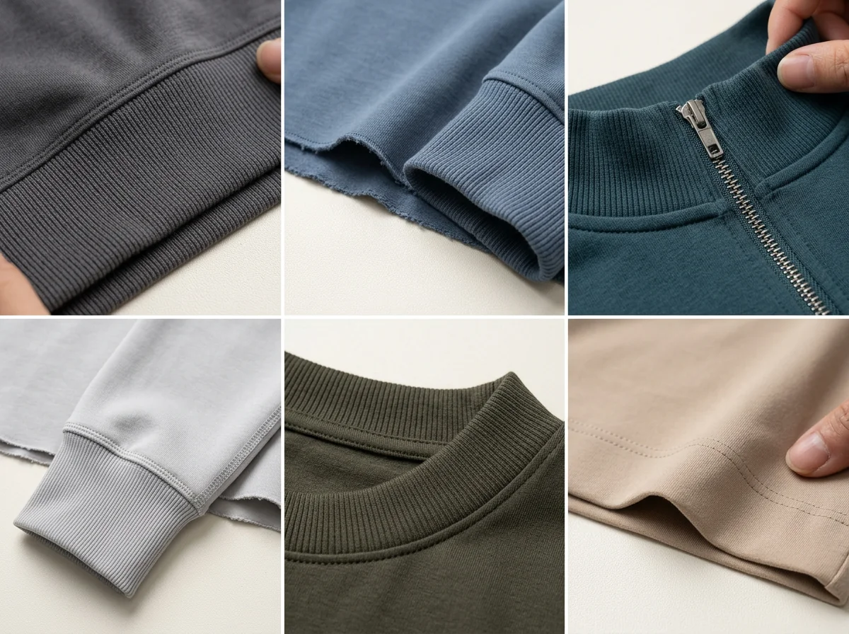 Ribbed banded and raw edge hem and cuff detail macro