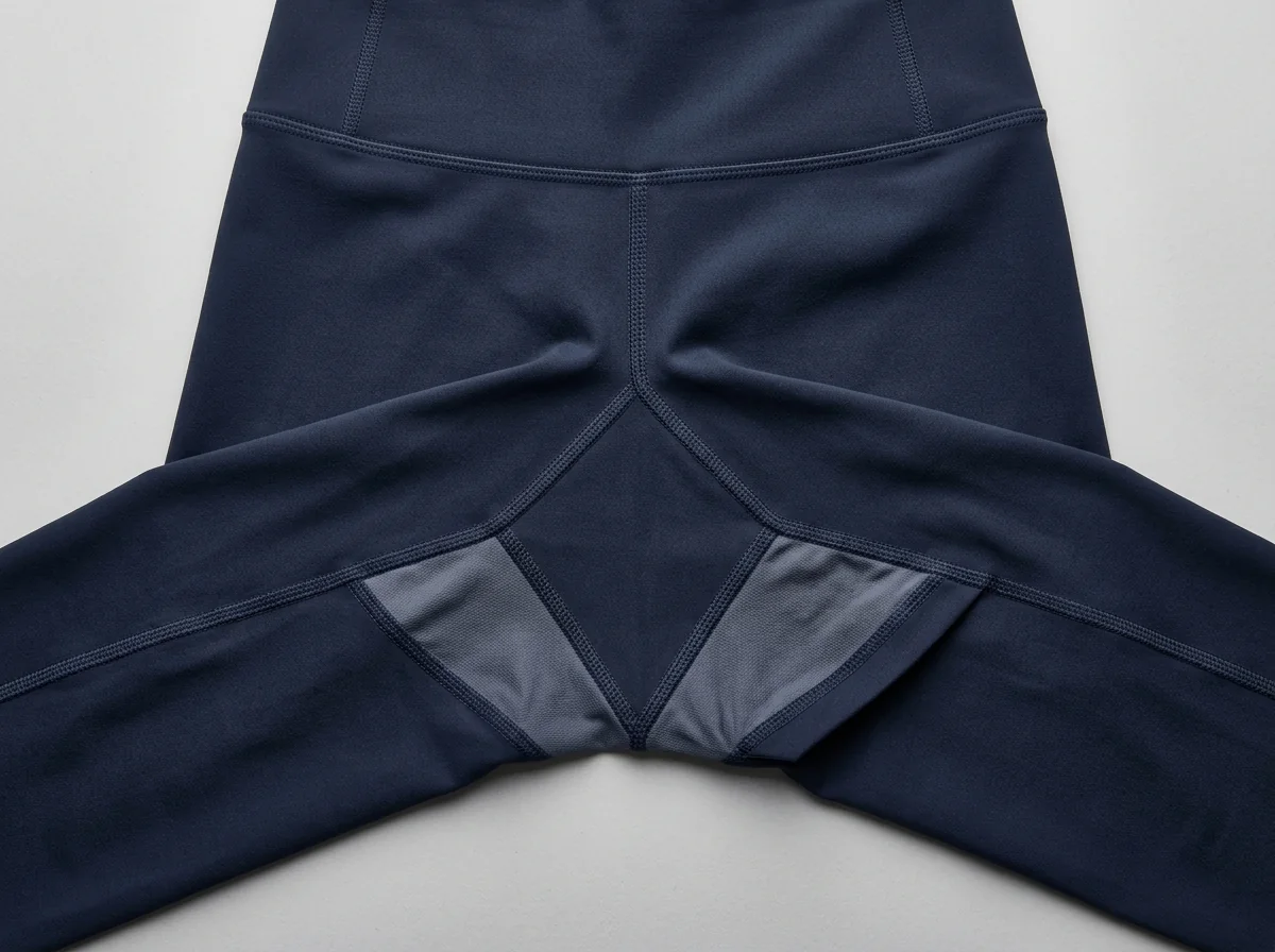 Yoga leggings gusseted diamond crotch flat-lay showing 4-panel seam lines and liner construction