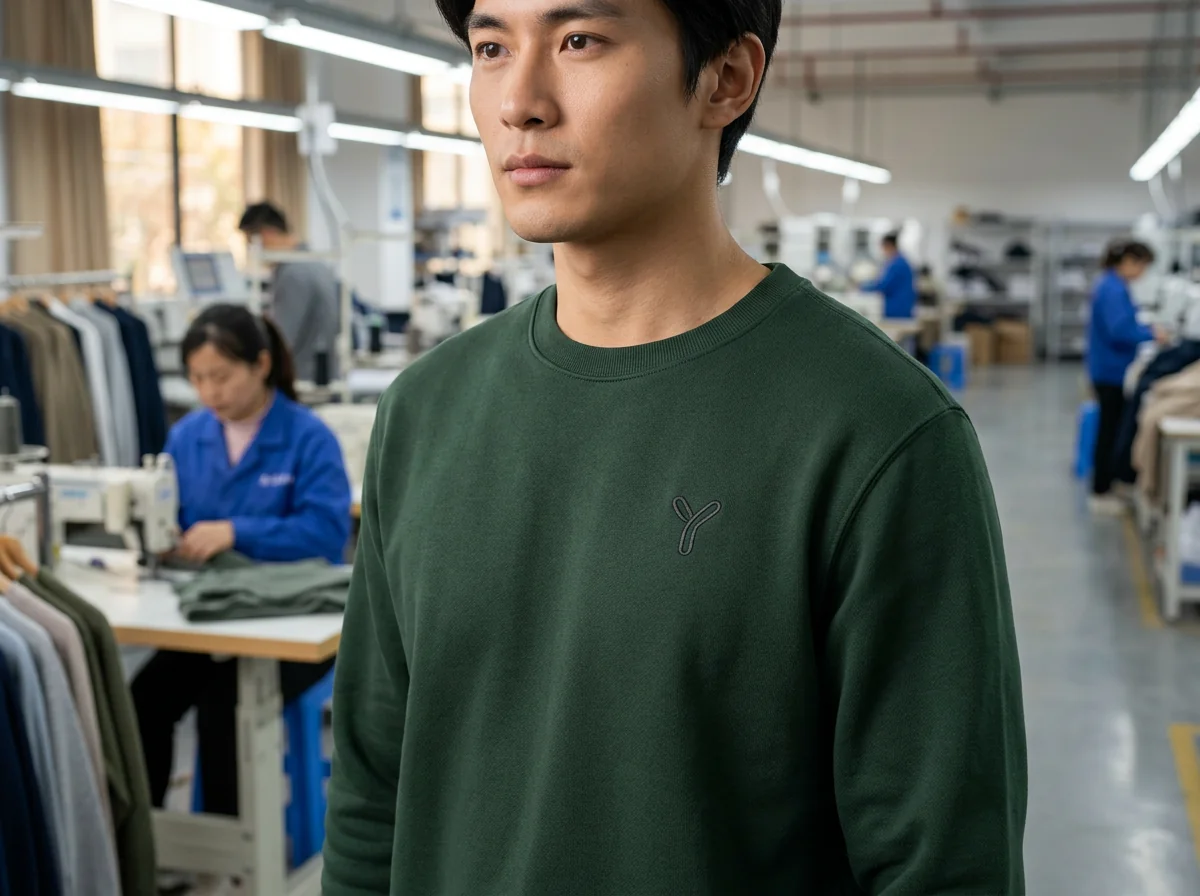 Small chest logo embroidery detail on sweatshirt