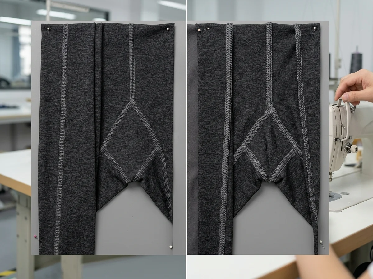 Flatlock seam vs overlock comparison — 3-needle flatlock on yoga leggings leg seam face and back