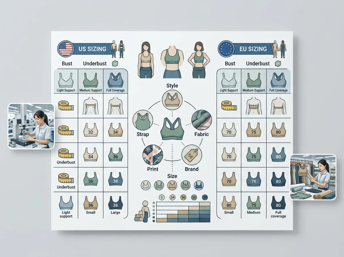 US and EU activewear size chart for yoga sports bras
