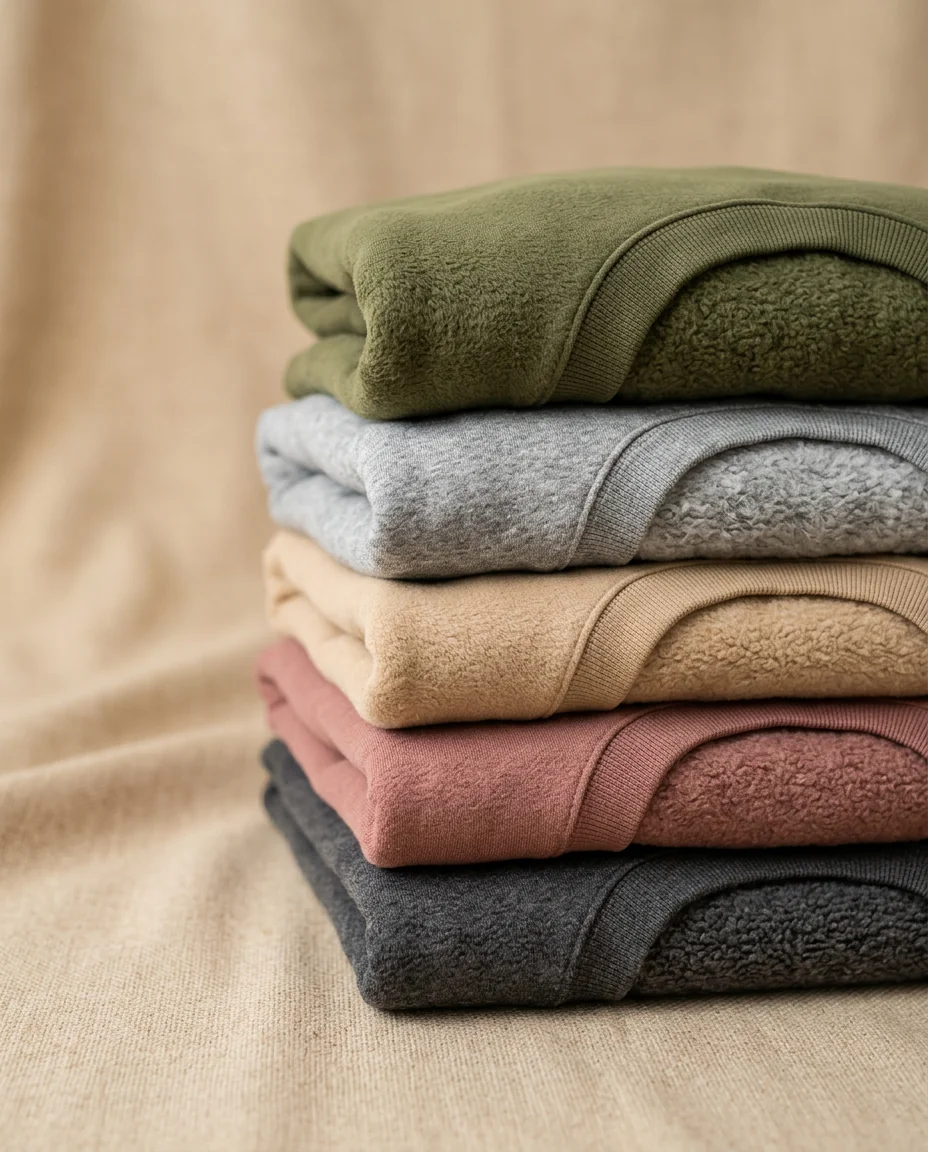 Wholesale sweatshirts — folded stack of five cuts on warm oat studio background showing fleece texture