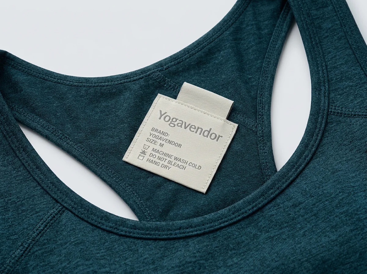 Woven neck label customization on yoga sports bra