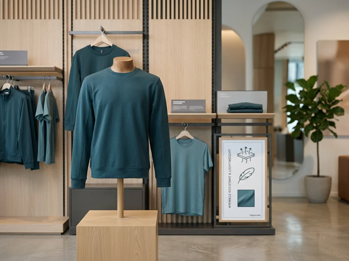 Wrinkle resistant sweatshirt with shape retention on retail display