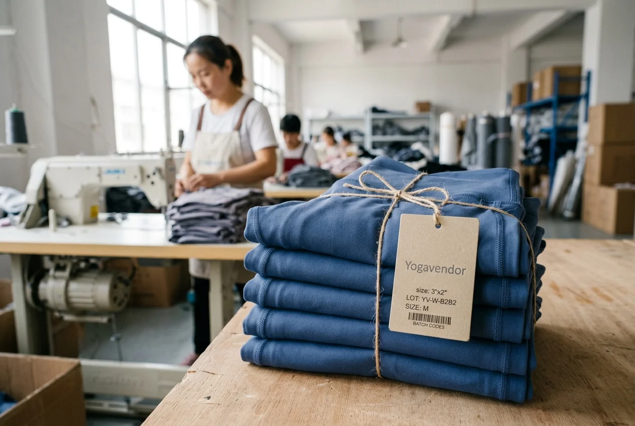 Wholesale yoga apparel for Amazon FBA buyer cohort &mdash; folded leggings stack with paper hangtag in warm daylight