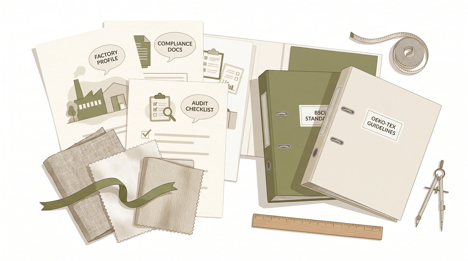 Editorial flat-lay of pre-audit compliance documentation pack with factory profile, fabric swatches, and BSCI/OEKO-TEX-style binders in olive and cream palette